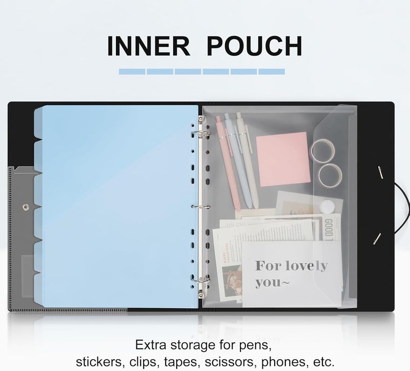 Uquelic 3 Ring Binder 1 Inch with Dividers, 6 Pocket Folders (12 Pockets) & Clear Pouch, Elastic Closure Refillable PP Folder with Ocean Decor for Letter Size, School, Office - Blue Inner Pages - Image 2
